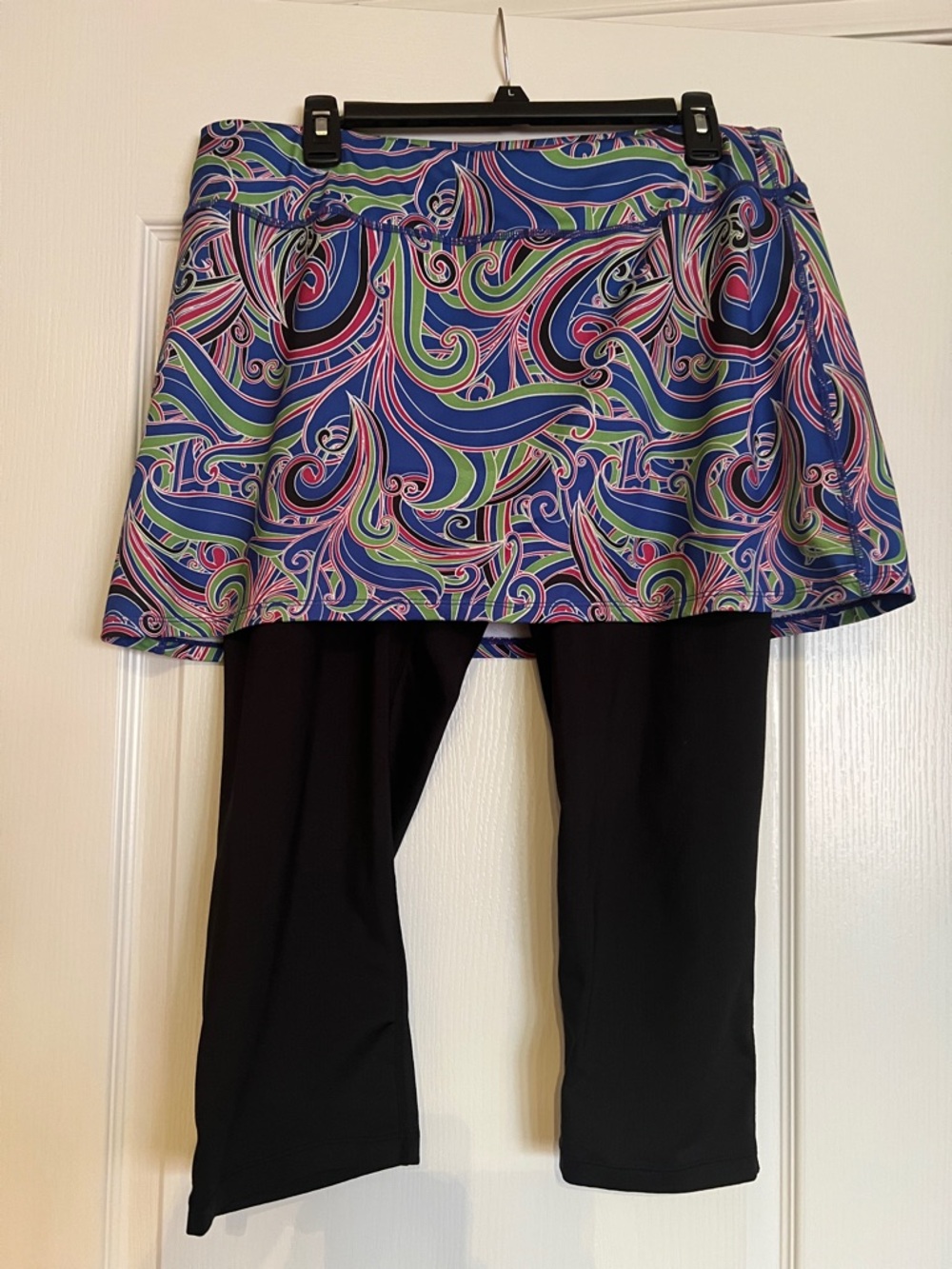 SkirtSports Black Capri Leggings with Blue, Green, Pink, Purple Swirl Skirt